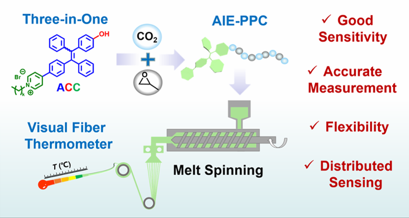 Three-in-One: AIEgen End-Labeling of CO2 Polymer for Visible Fiber Thermometer