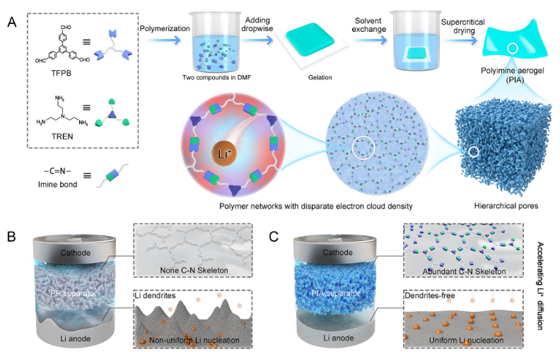 A Polyimine Aerogel Separator with Electron Cloud Design to Boost Li-Ion Transport for Stable Li Metal Batteries